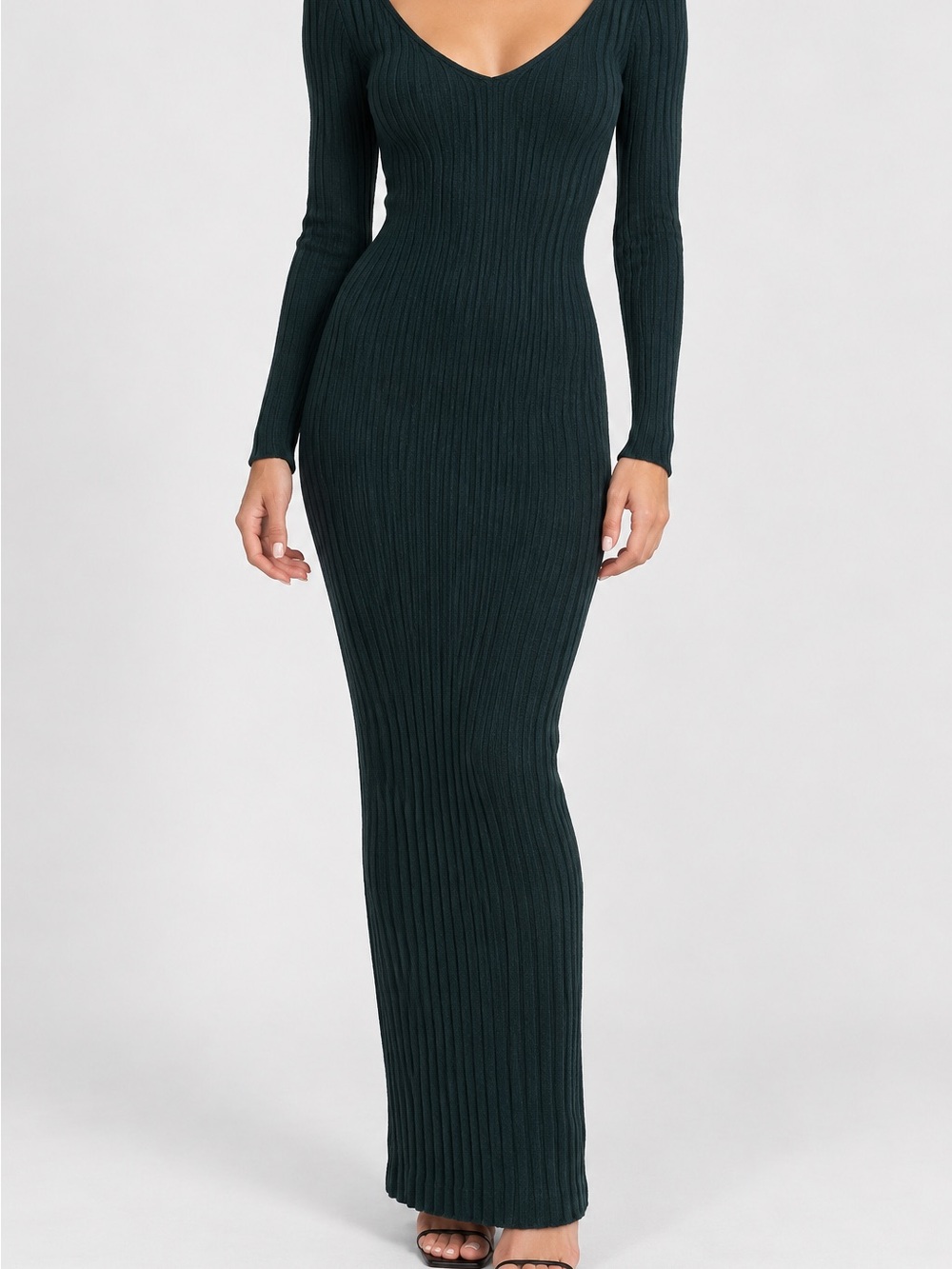 Minimum Dark Green Ribbed V-Neck Long Sleeve Maxi Dress
